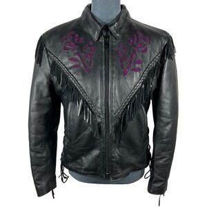 UNIK Leather Fringe Biker Jacket Small Black Purple Rose Inlay Motorcycle Goth